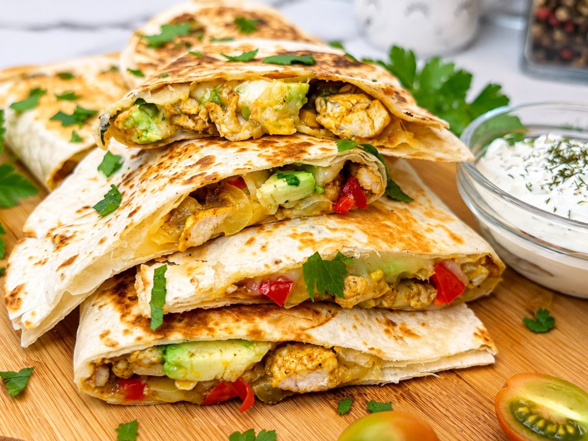 Chicken quesadillas filled with seasoned chicken, melted cheese, bell peppers, corn, and avocado, served with sour cream and fresh parsley.