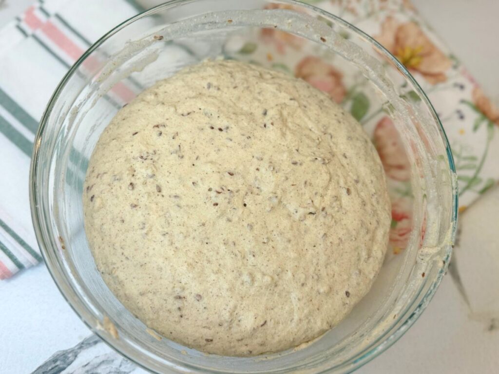 Gluten-free multigrain dough expanded in a covered bowl after one hour of rising.