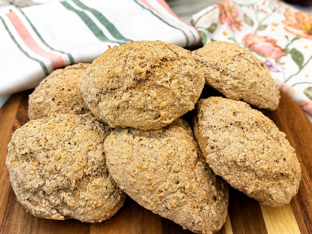 Freshly baked Gluten-Free Multigrain Rolls arranged on a wooden serving board.
