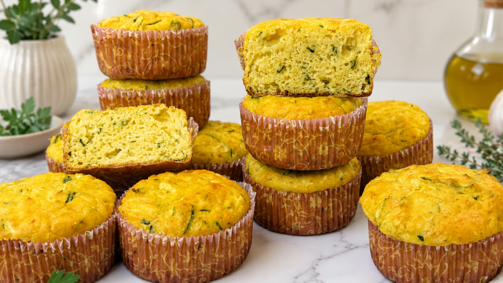 Gluten-free zucchini muffins with cottage cheese, cornmeal, and fresh zucchini.