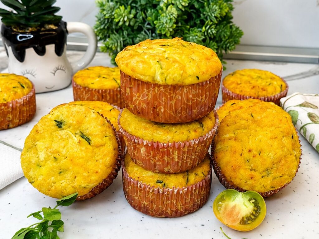 Soft gluten-free zucchini muffins with cottage cheese and a moist muffin cut in half.