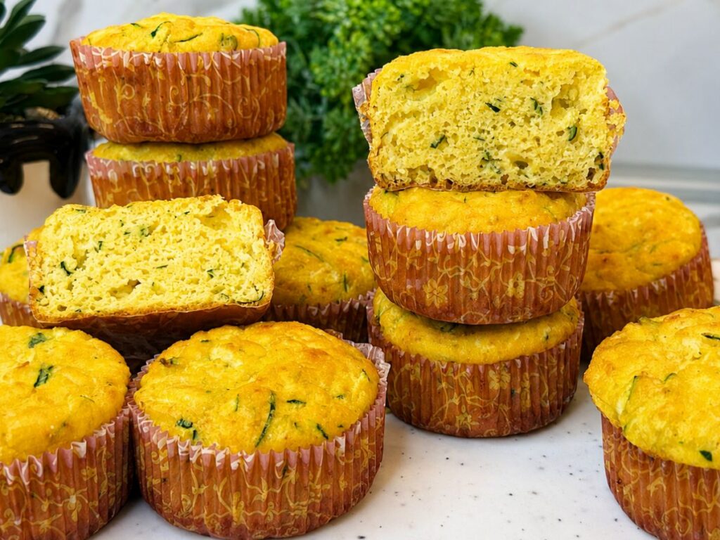Soft gluten-free zucchini muffins with cottage cheese and a moist muffin cut in half.