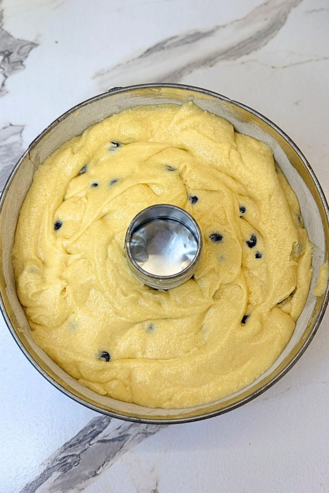 Lemon blueberry Bundt cake batter spread in a greased and floured 10-inch Bundt pan
