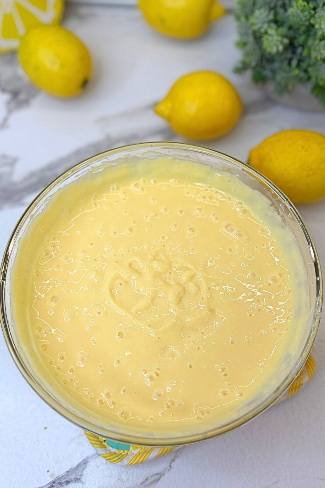 Smooth and creamy lemon pie filling mixed and ready to use