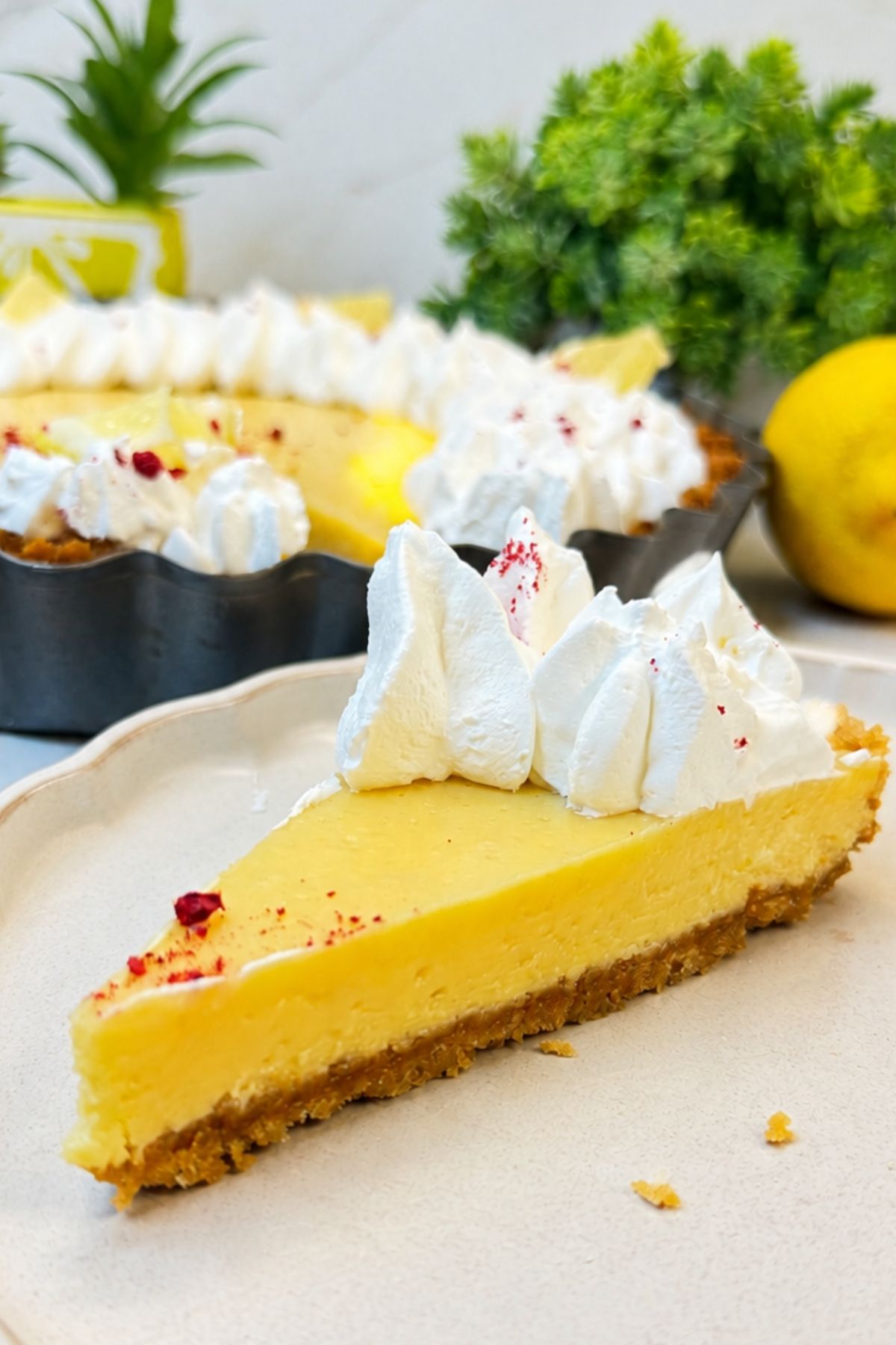 Slice of creamy lemon pie with whipped cream and a buttery graham cracker crust