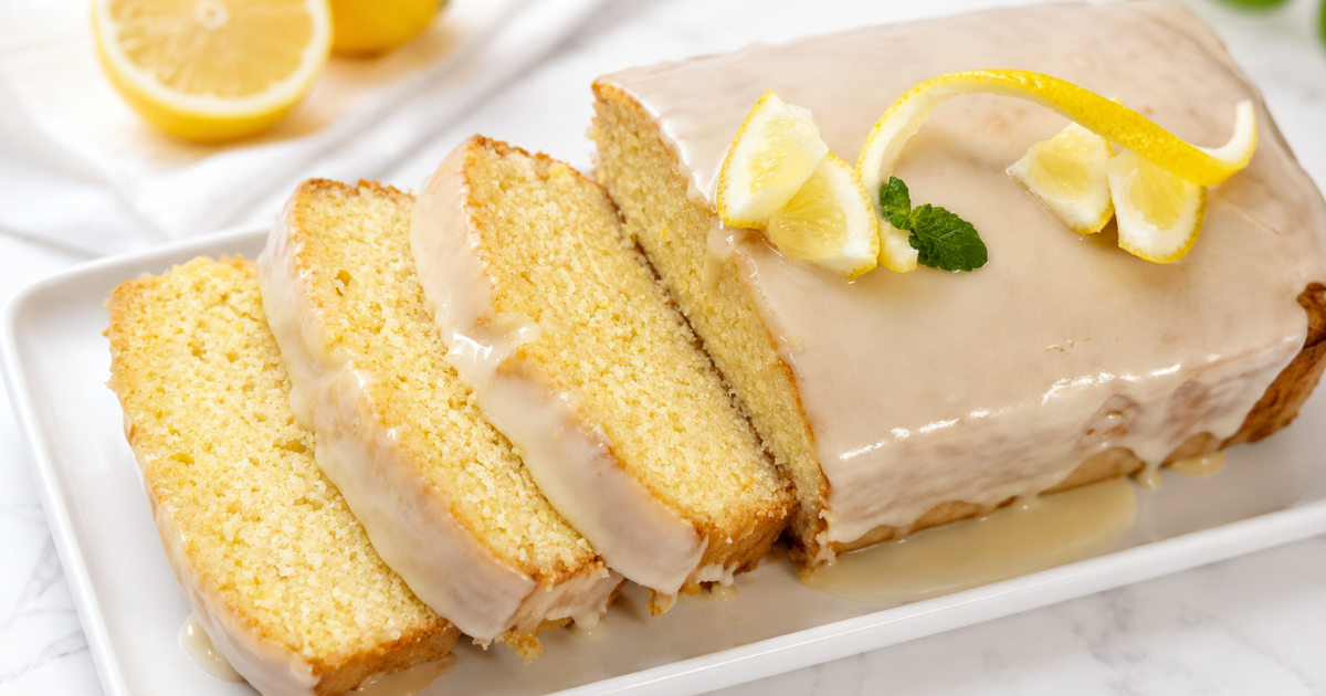 Moist lemon pound cake with lemon glaze and fresh lemon slices