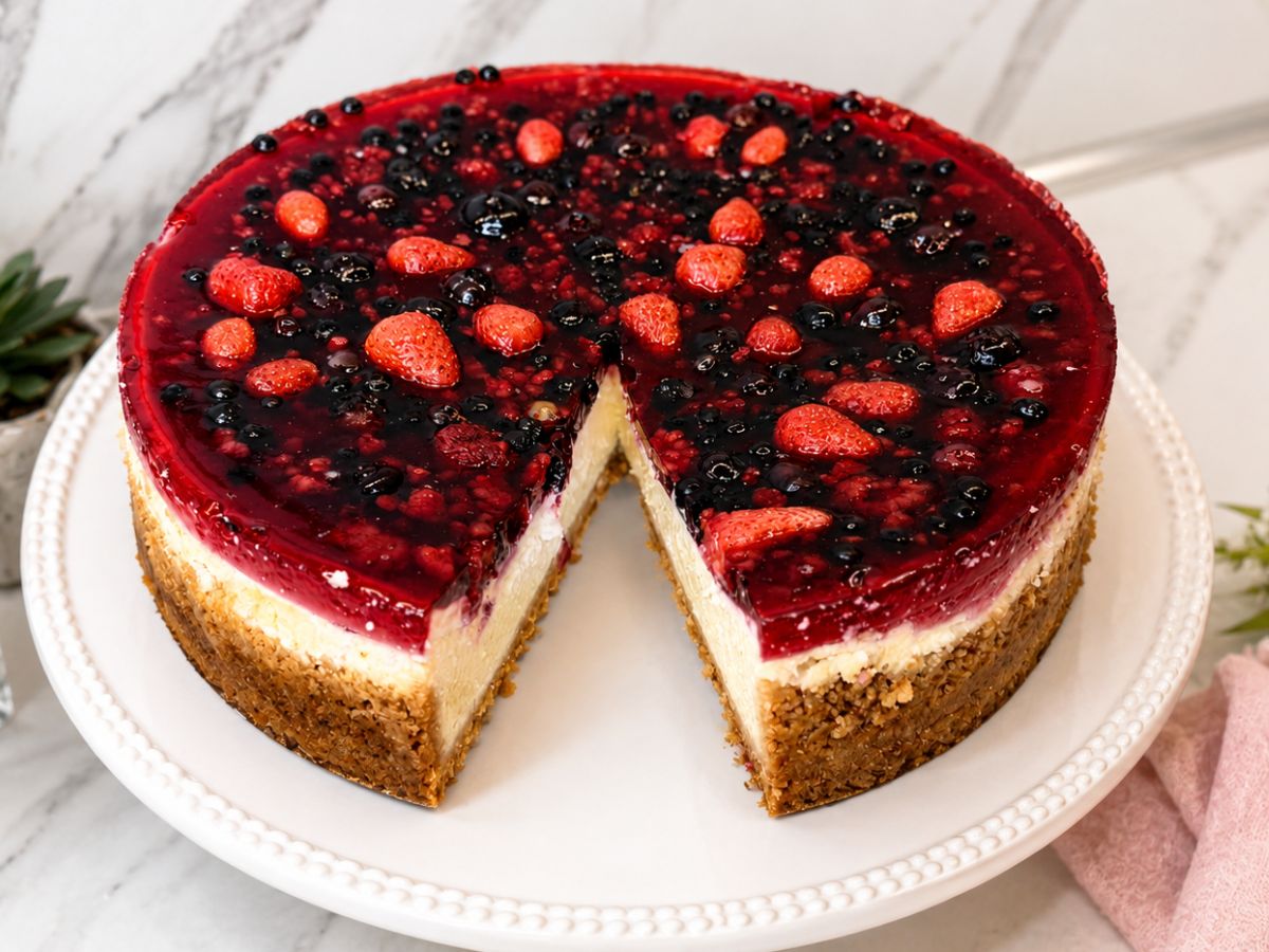 New York Cheesecake with Mixed Berry Topping and a slice removed to show the creamy filling