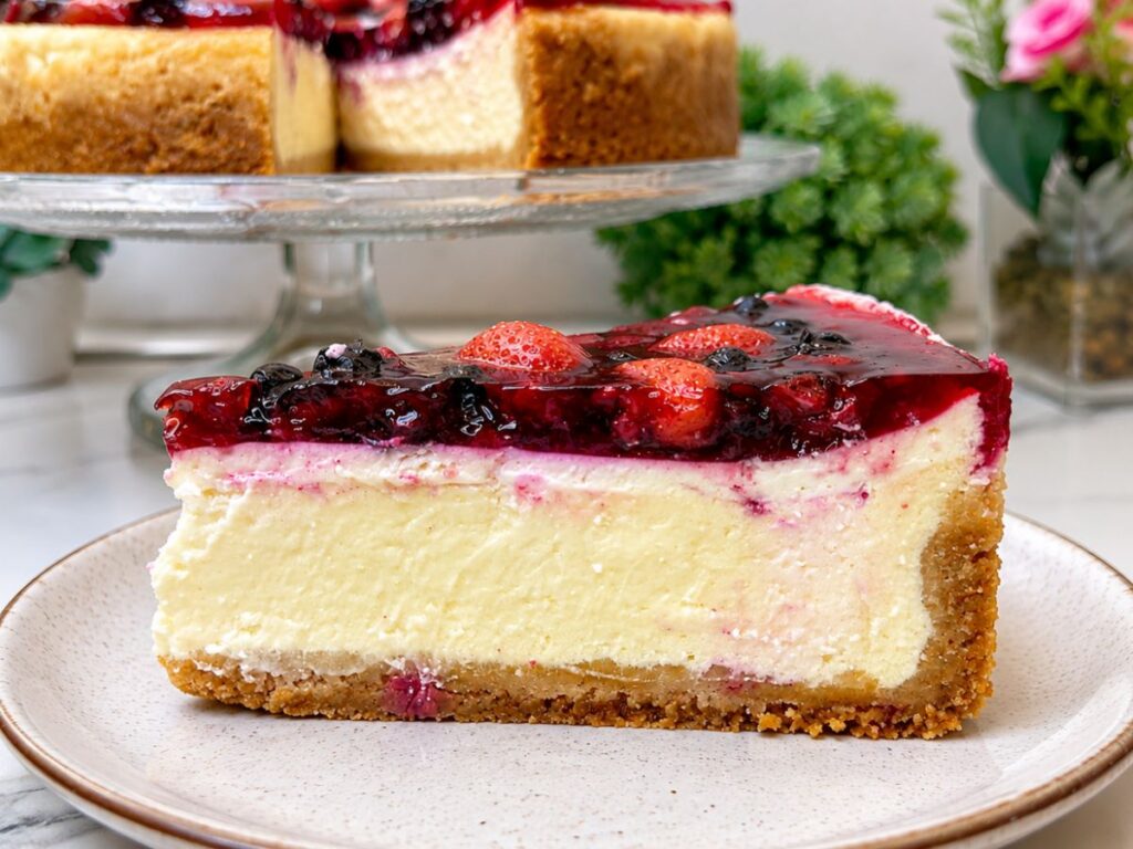 Slice of New York Cheesecake with Mixed Berry Topping on a dessert plate