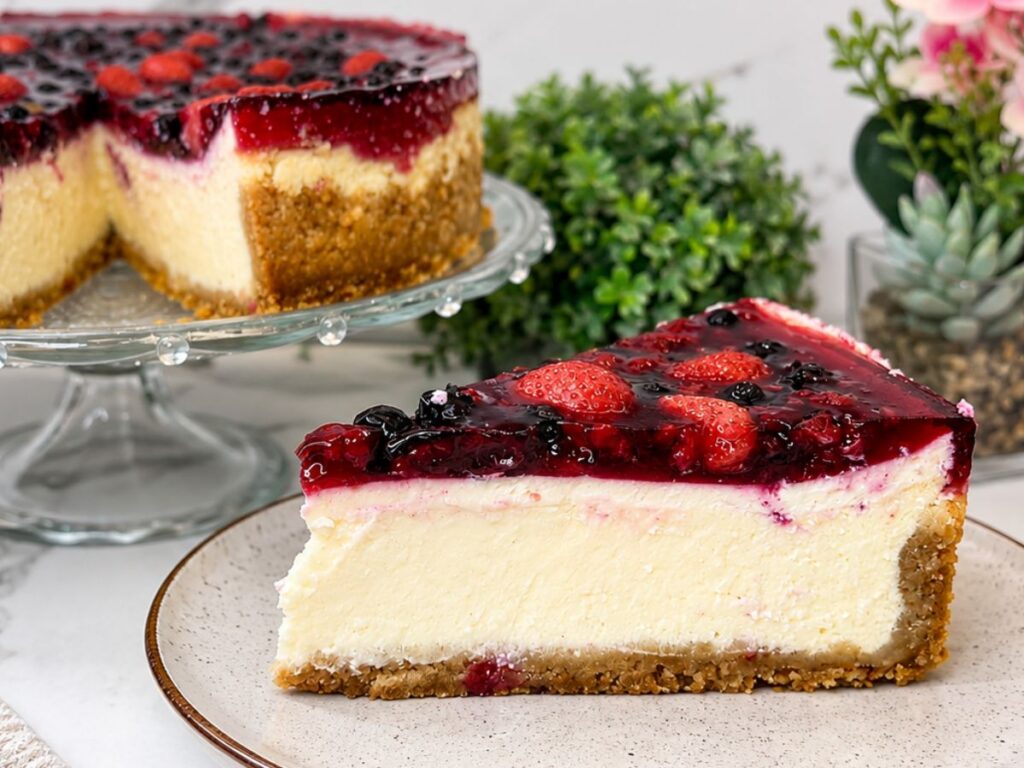 Close-up of a creamy New York cheesecake slice with mixed berry topping and graham cracker crust