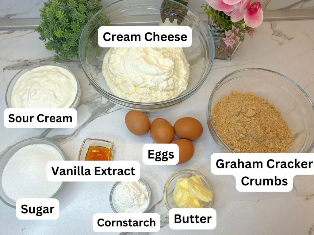 Ingredients for New York cheesecake including cream cheese, sour cream, eggs, cookie crumbs, sugar, butter, cornstarch, and vanilla extract