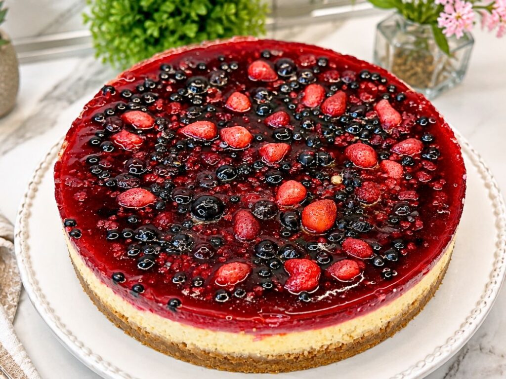 Whole New York Cheesecake with Mixed Berry Topping on a white serving plate