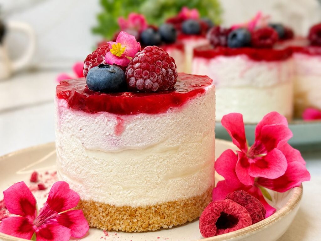 No-bake mini cheesecakes with mixed berry topping and fresh berries.