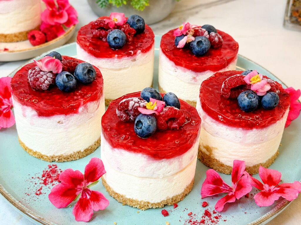 No-bake mini cheesecakes with mixed berry topping and fresh berries.