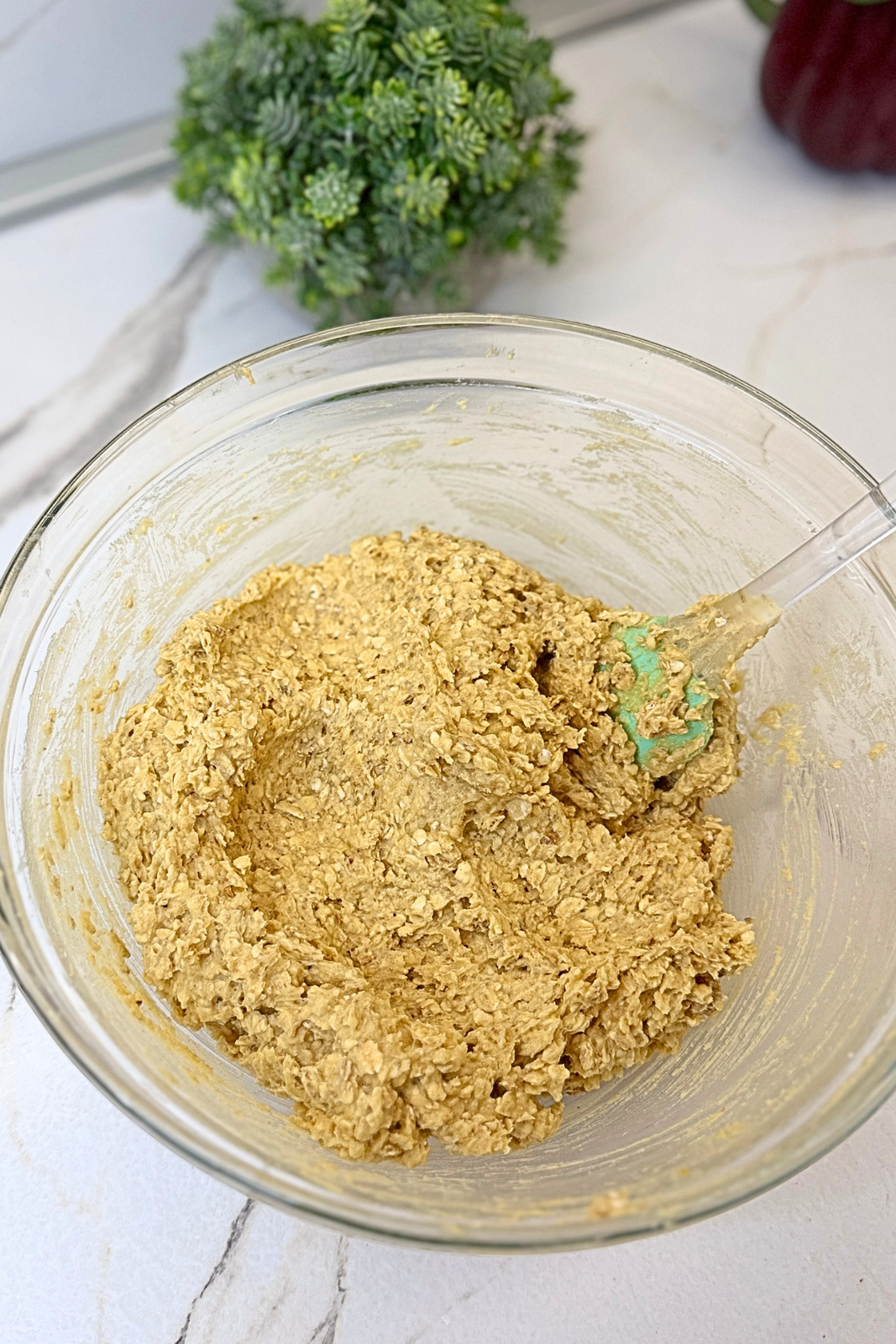 Finished oatmeal cookie dough mixed and ready for scooping