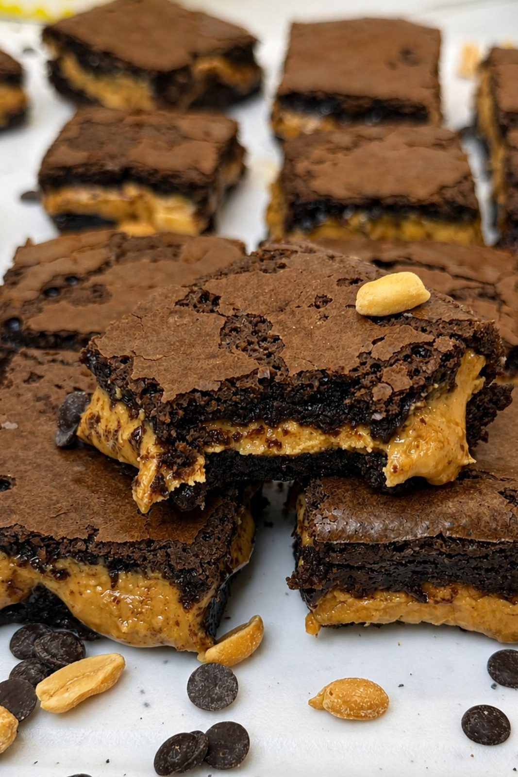 Peanut butter brownie squares arranged with peanuts and chocolate chips.
