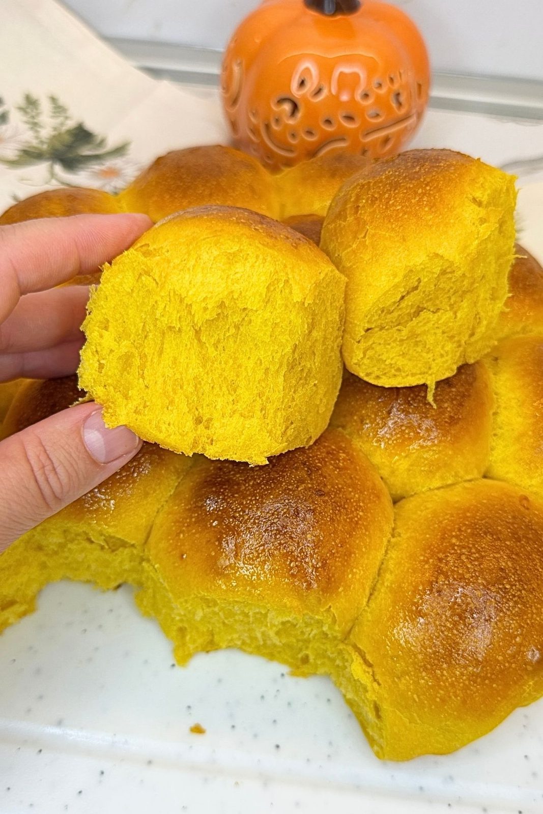 Hand holding a soft Pumpkin Dinner Roll to show its fluffy golden interior