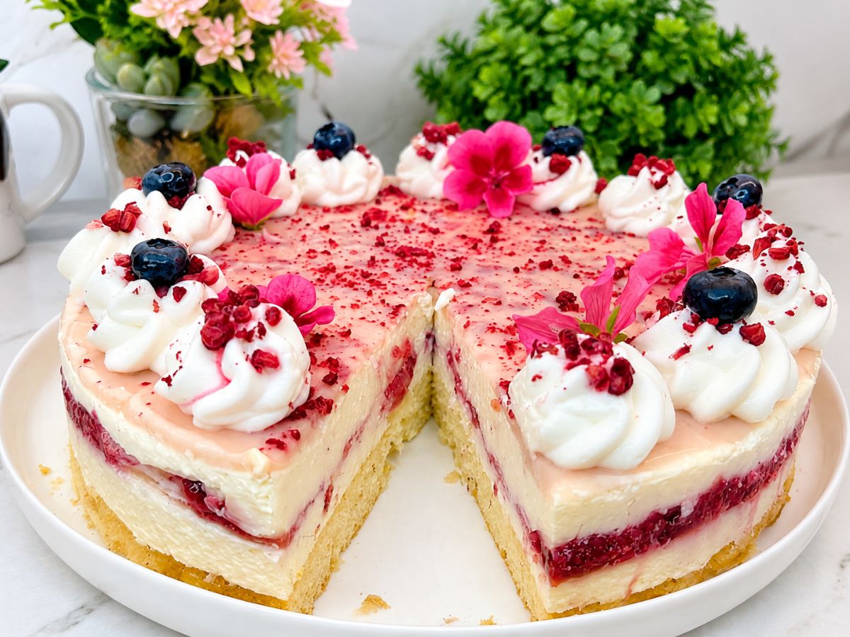 Layered No-Bake Raspberry Cheesecake decorated with whipped cream, berries, flowers, and freeze-dried raspberries
