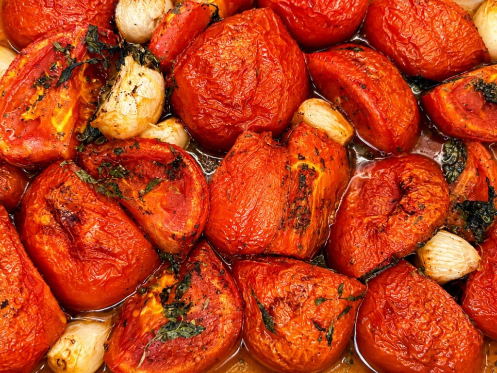 Soft oven-roasted tomatoes and garlic with basil and flavorful pan juices