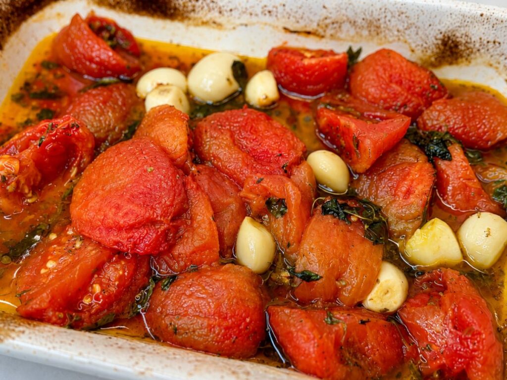 Peeled roasted tomatoes and garlic cloves in olive oil with oregano and fresh basil