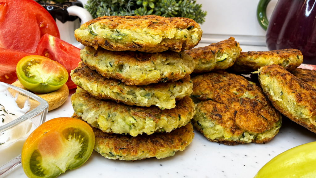 Close-up of crispy zucchini fritters stacked on a plate, showing golden-brown edges and tender zucchini centers.
