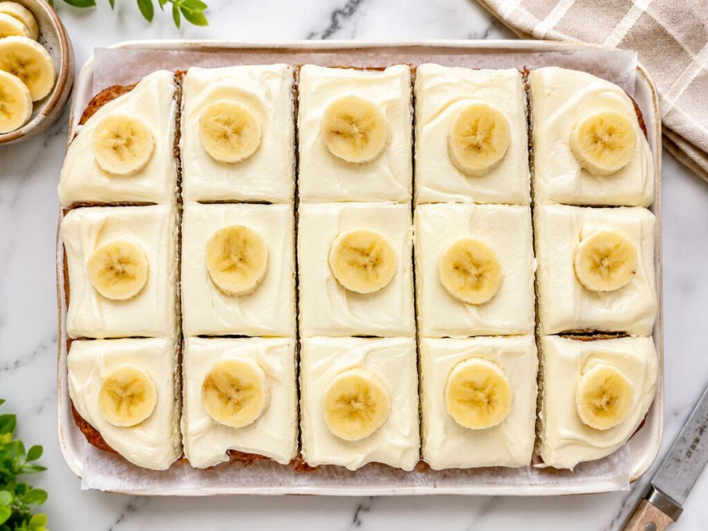Sliced banana cake with cream cheese frosting and fresh banana slices in a baking pan.