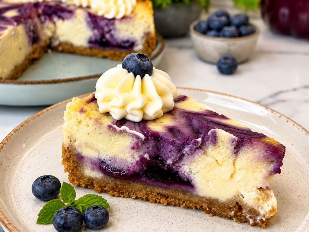 Slice of creamy blueberry swirl cheesecake topped with homemade blueberry sauce
