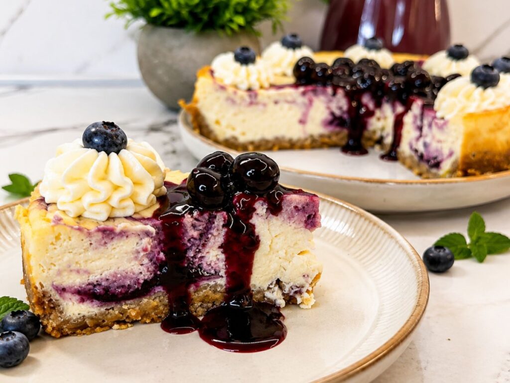 Slice of creamy blueberry swirl cheesecake topped with homemade blueberry sauce