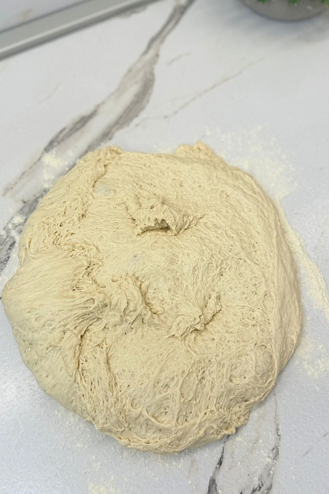 Risen bread dough turned out onto a floured work surface