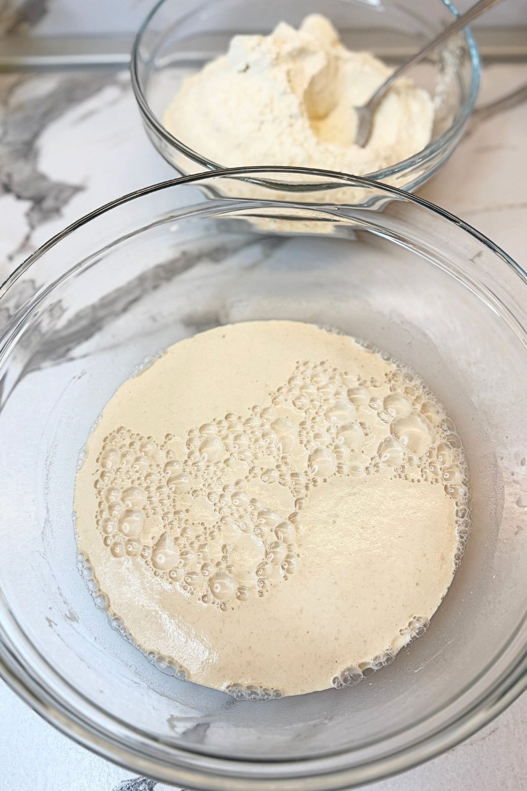 Foamy activated yeast mixture after resting for 10 minutes