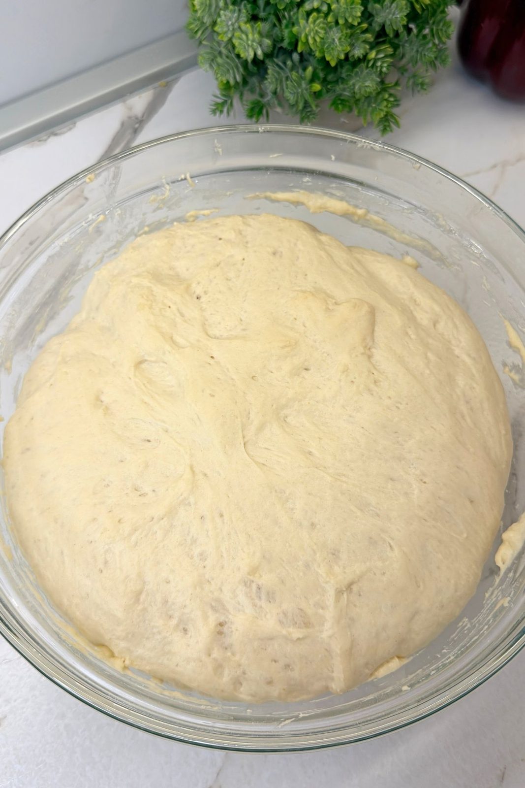 Soft and airy bread dough after the second rise