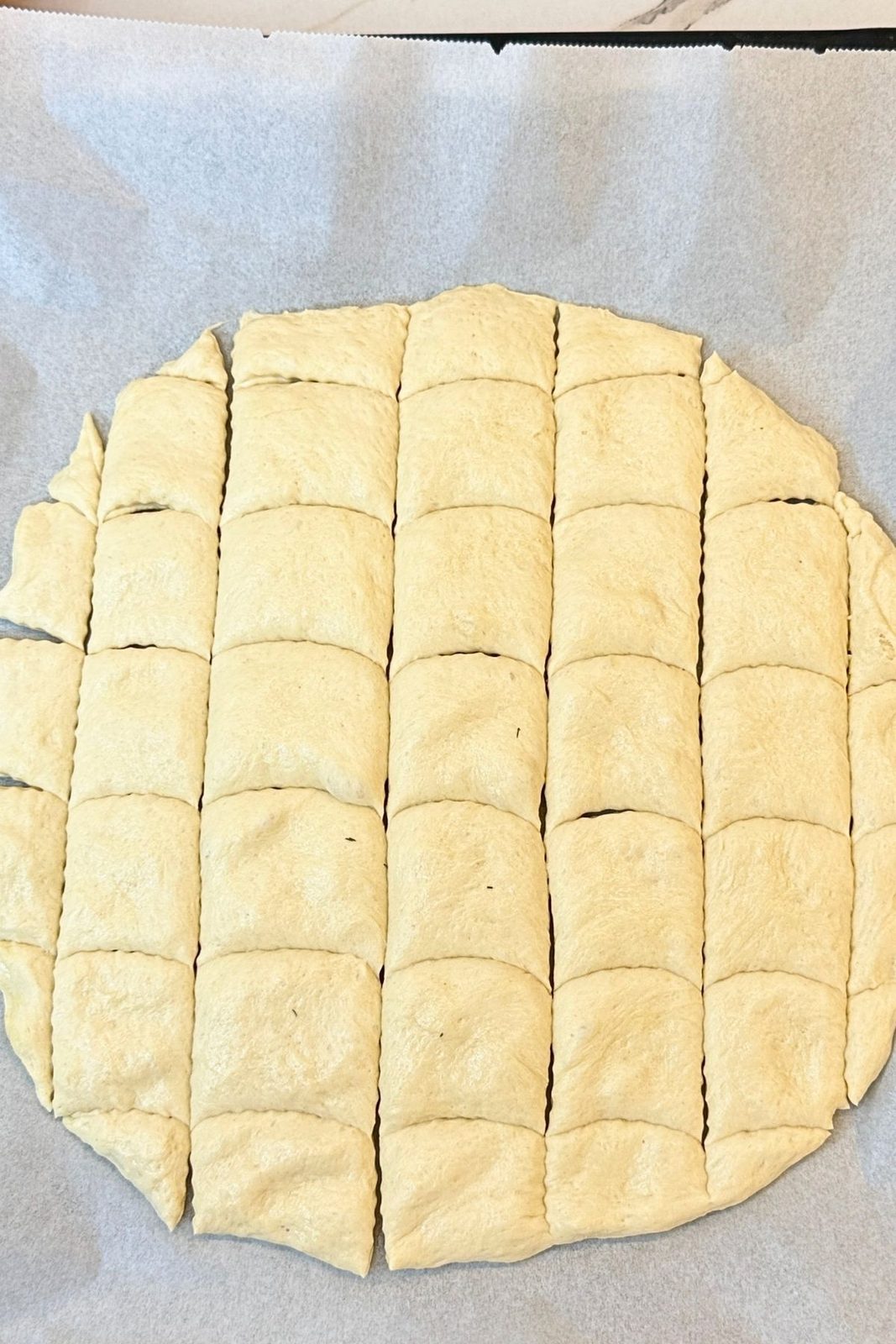 Garlic bread dough stretched on parchment paper and cut into squares
