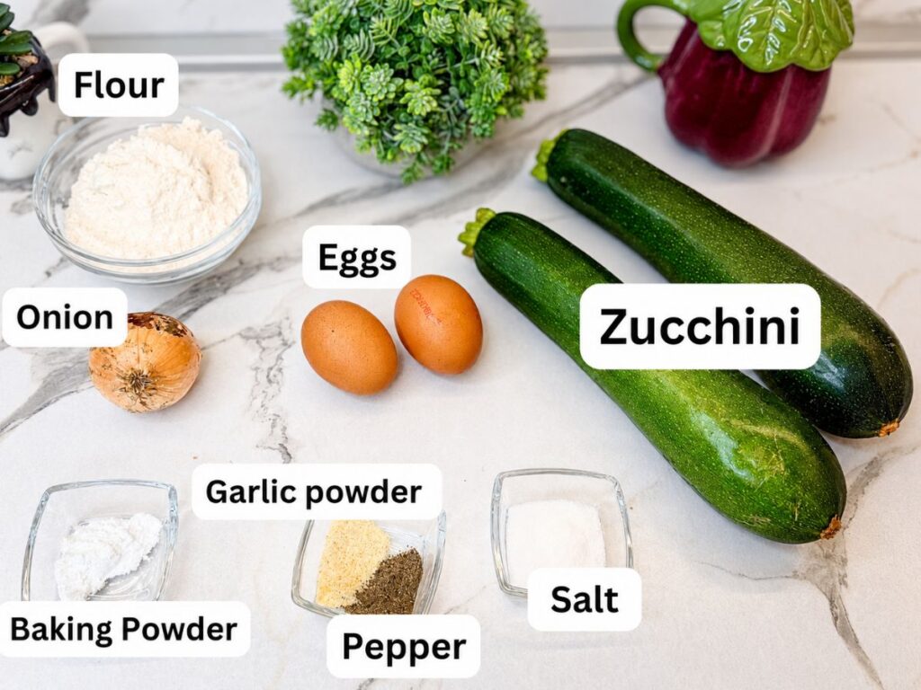 Ingredients for zucchini fritters, including fresh zucchini, eggs, onion, flour, baking powder, salt, black pepper, and garlic powder.
