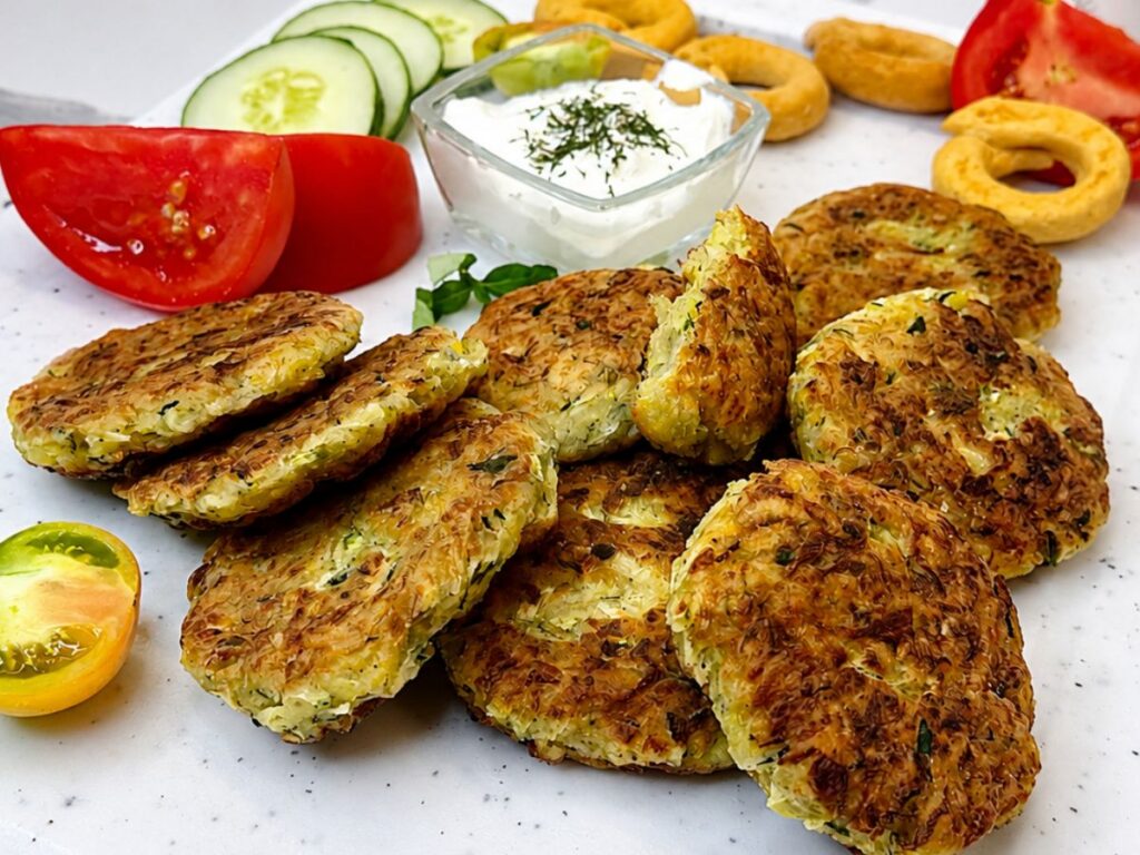 Golden, crispy zucchini fritters served with sour cream, sliced cucumber, and fresh tomatoes.

