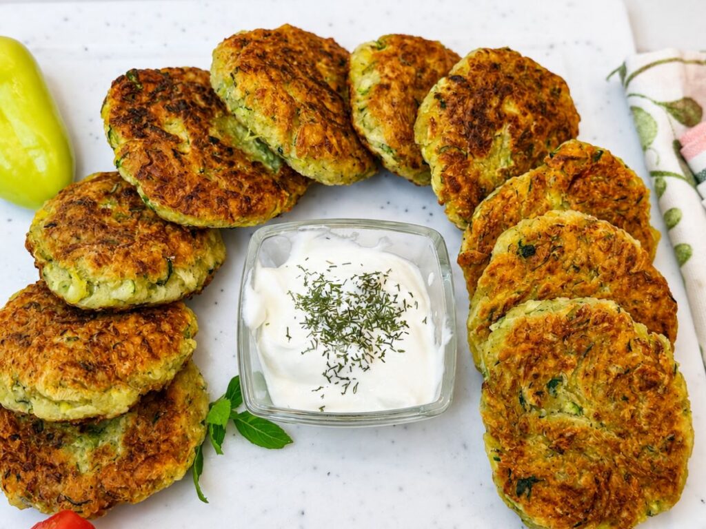 Overhead view of crispy zucchini fritters arranged around a bowl of sour cream for dipping.
