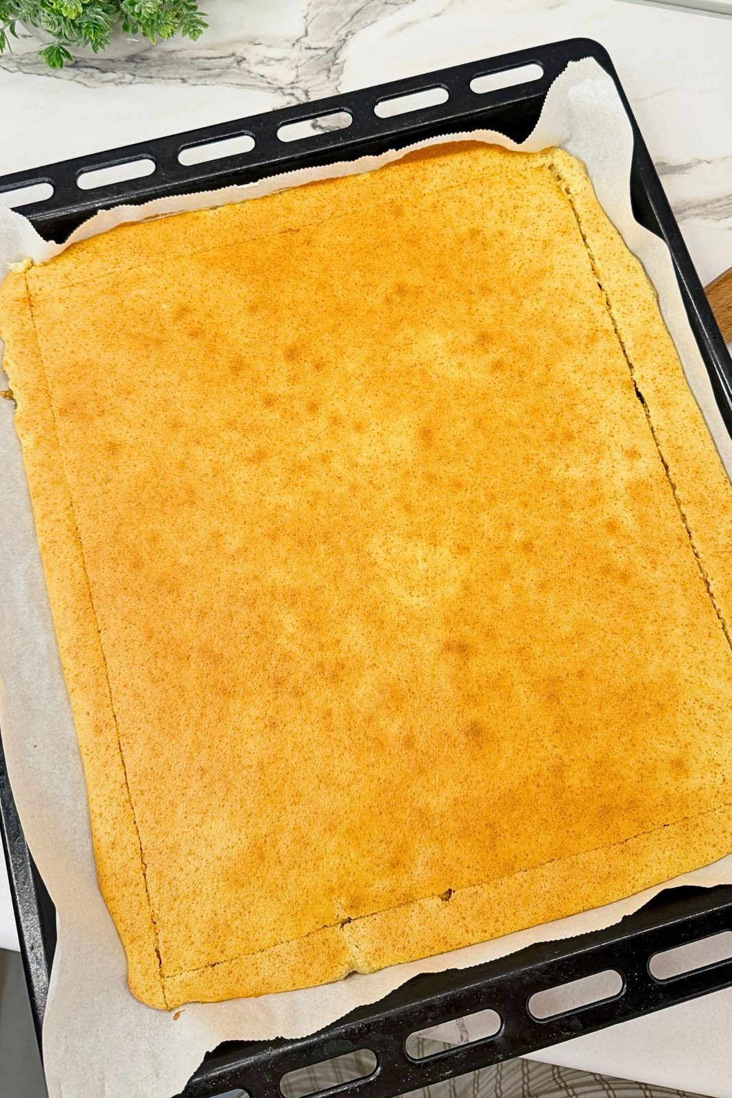 Golden baked sponge cake with edges trimmed, ready to flip and roll.