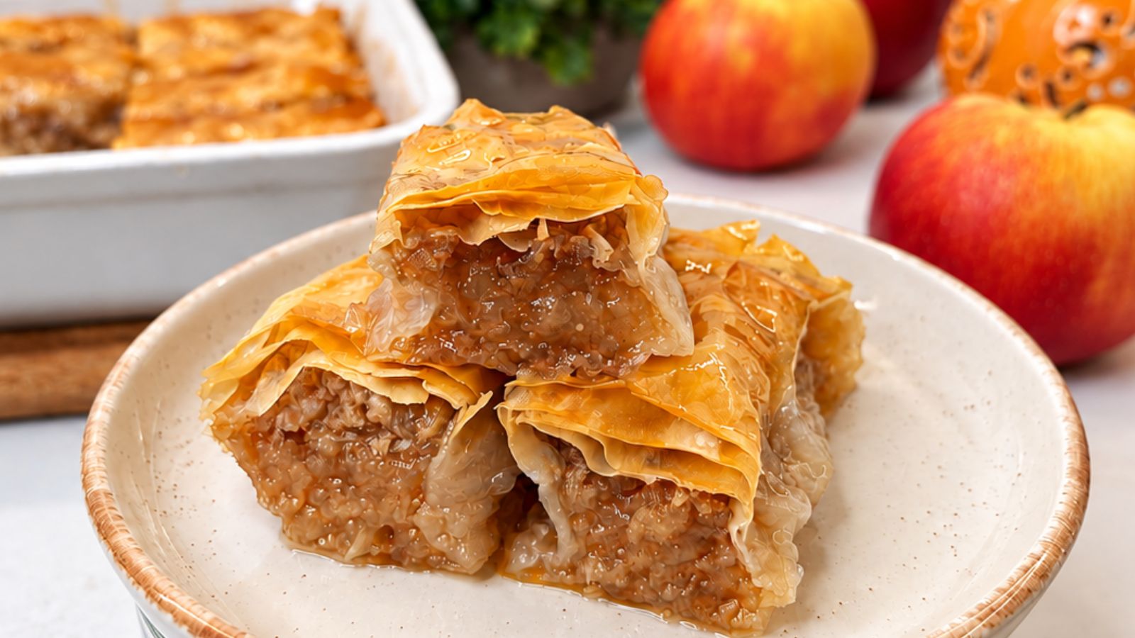 Apple phyllo rolls with vanilla syrup stacked on a ceramic plate, showing golden pastry layers and cinnamon apple filling.