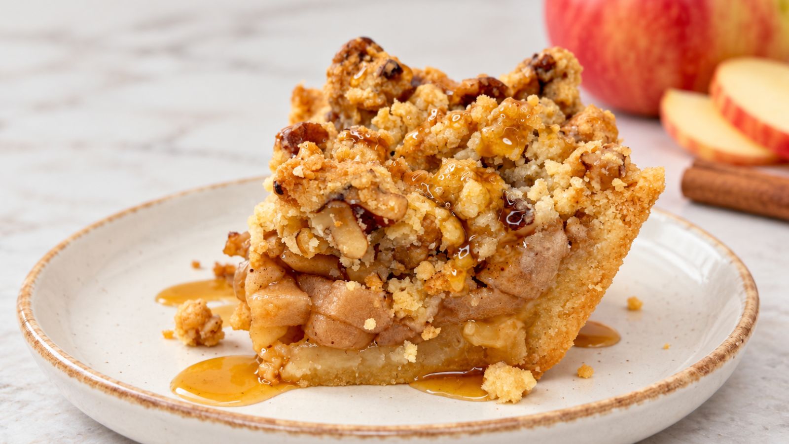 Apple pie bar with a buttery crust, cinnamon apple filling, walnut crumble, and caramel drizzle on a cream-colored plate.