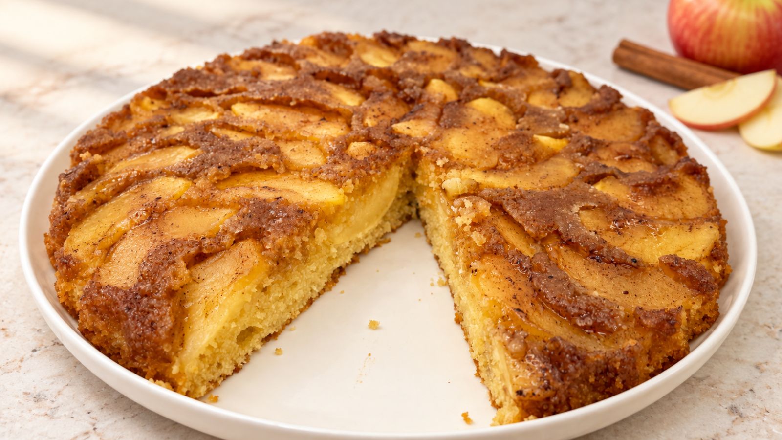 Apple upside down cake with caramelized apple slices and a cut wedge revealing the tender cinnamon cake inside.