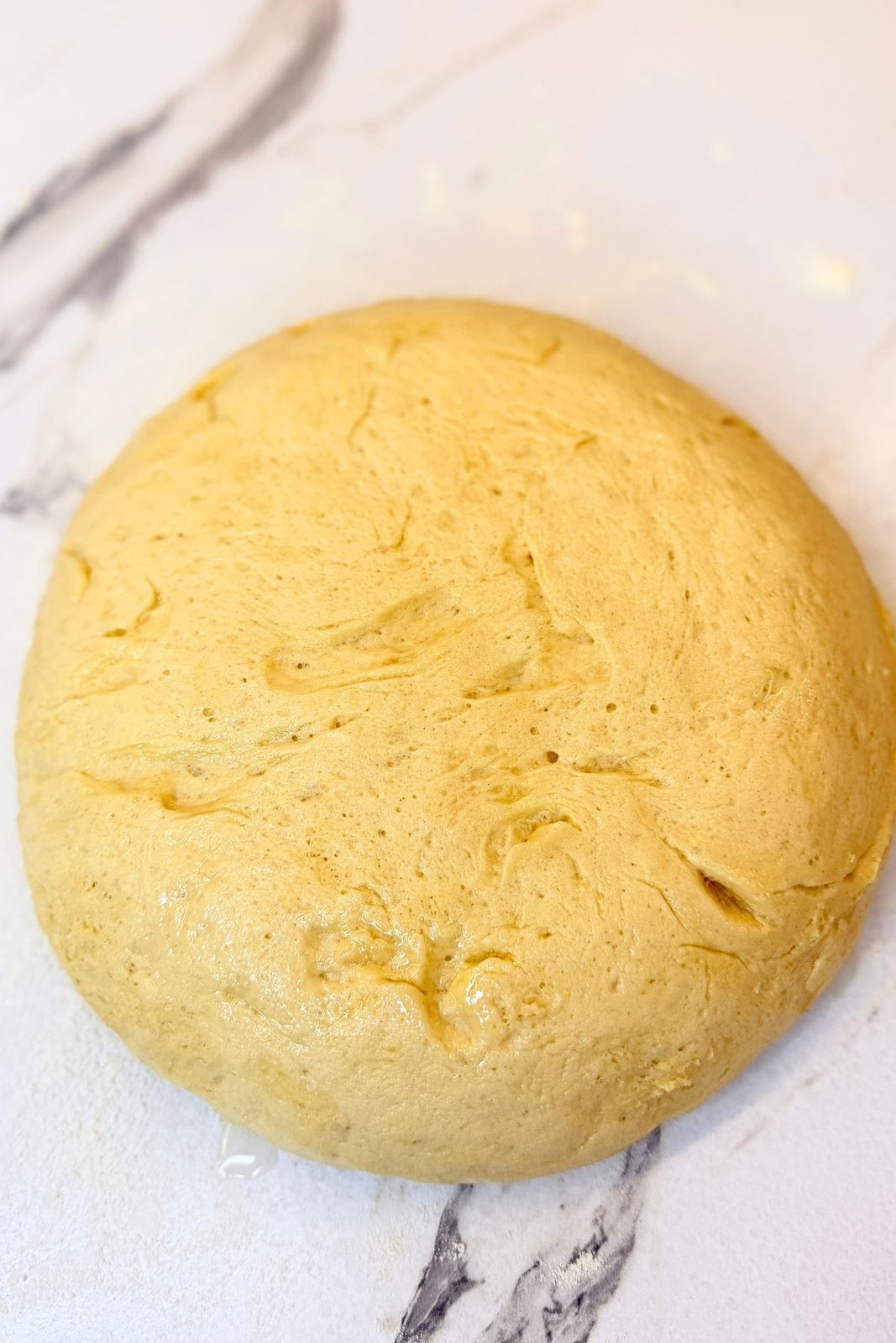 Kneaded donut dough in a lightly oiled glass bowl, ready for its first rise.