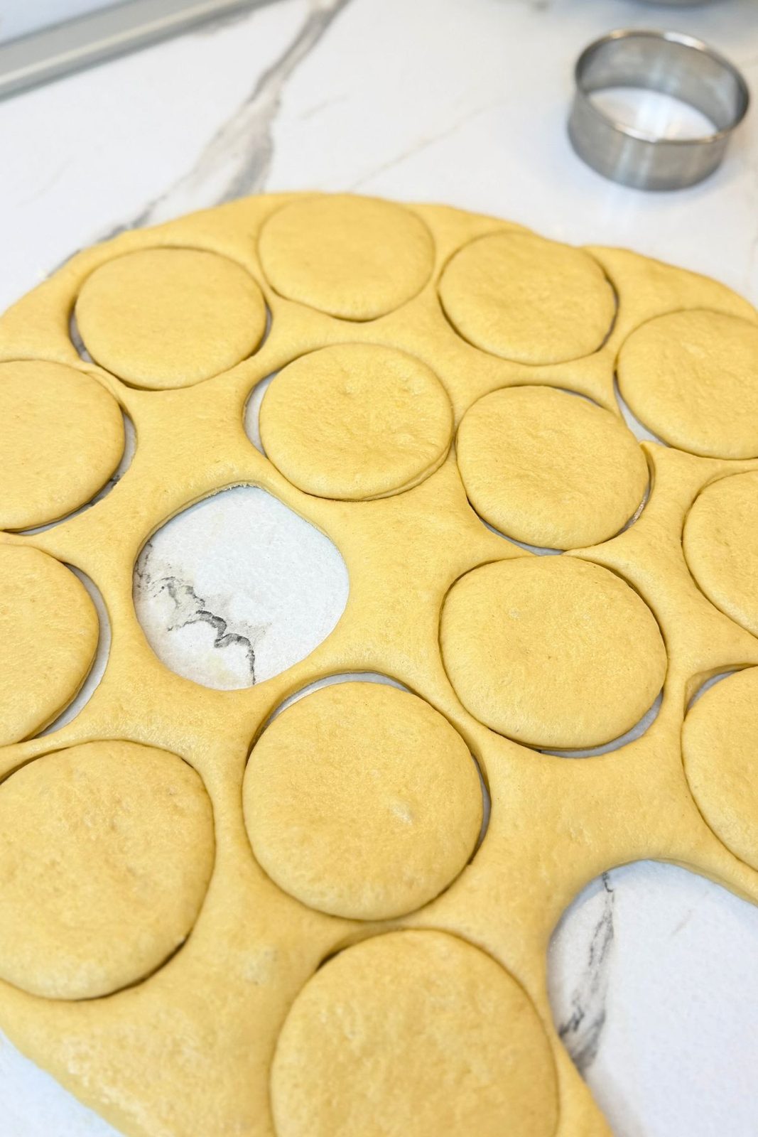 Rolled donut dough cut into circles with a round cutter on a lightly floured surface.