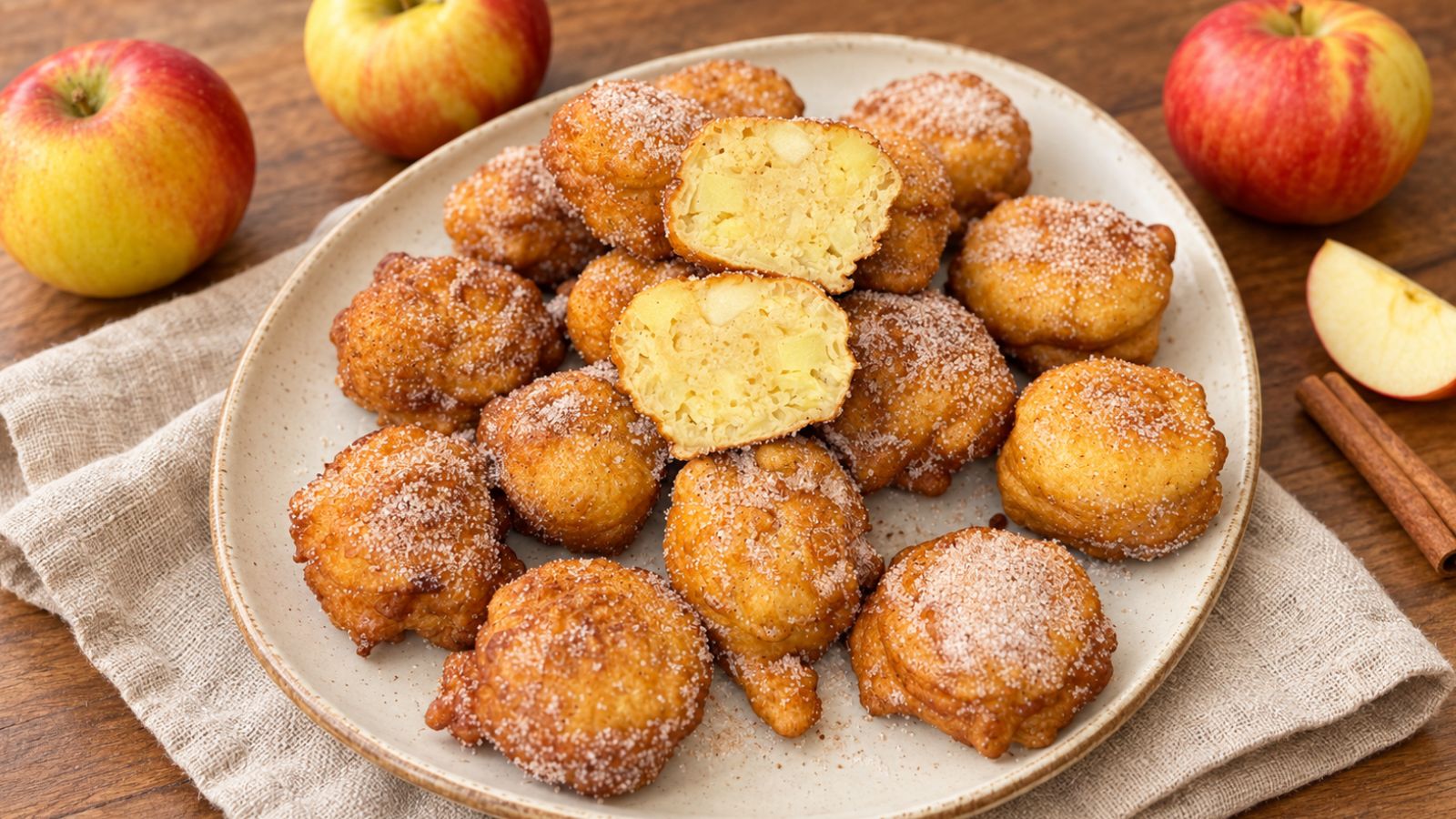 Homemade apple fritters coated in cinnamon sugar on a ceramic plate, with one split open to reveal tender apple pieces inside.