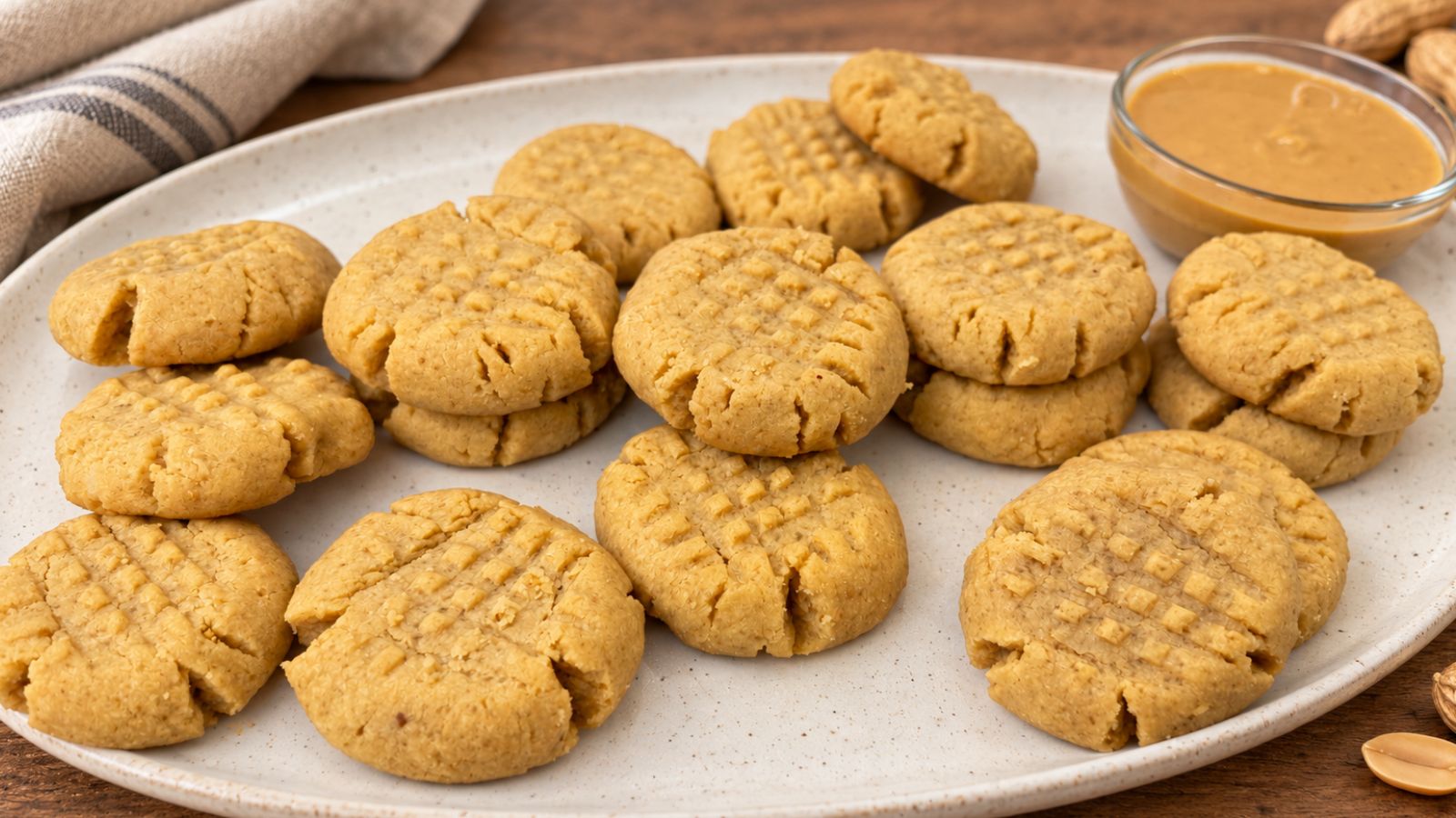 Peanut butter cookies with classic crisscross fork marks on a white platter beside a bowl of creamy peanut butter.