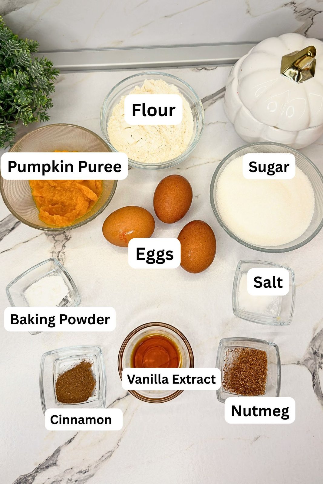 Ingredients for pumpkin cake roll sponge, including flour, eggs, sugar, pumpkin purée, vanilla, and warm spices.