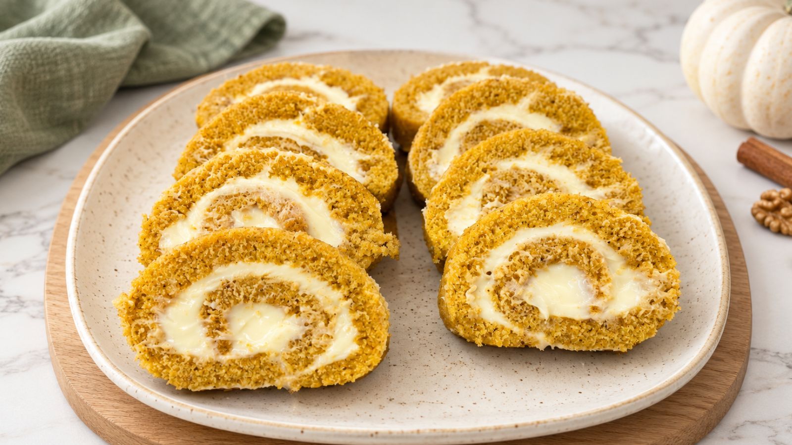 Pumpkin cake roll slices with cream cheese filling on a beige platter with fall decorations.