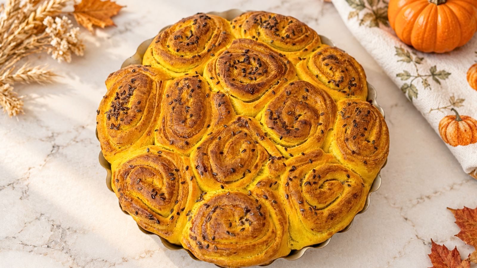 Golden Swirled Pumpkin Dinner Rolls topped with flax seeds in a round baking pan