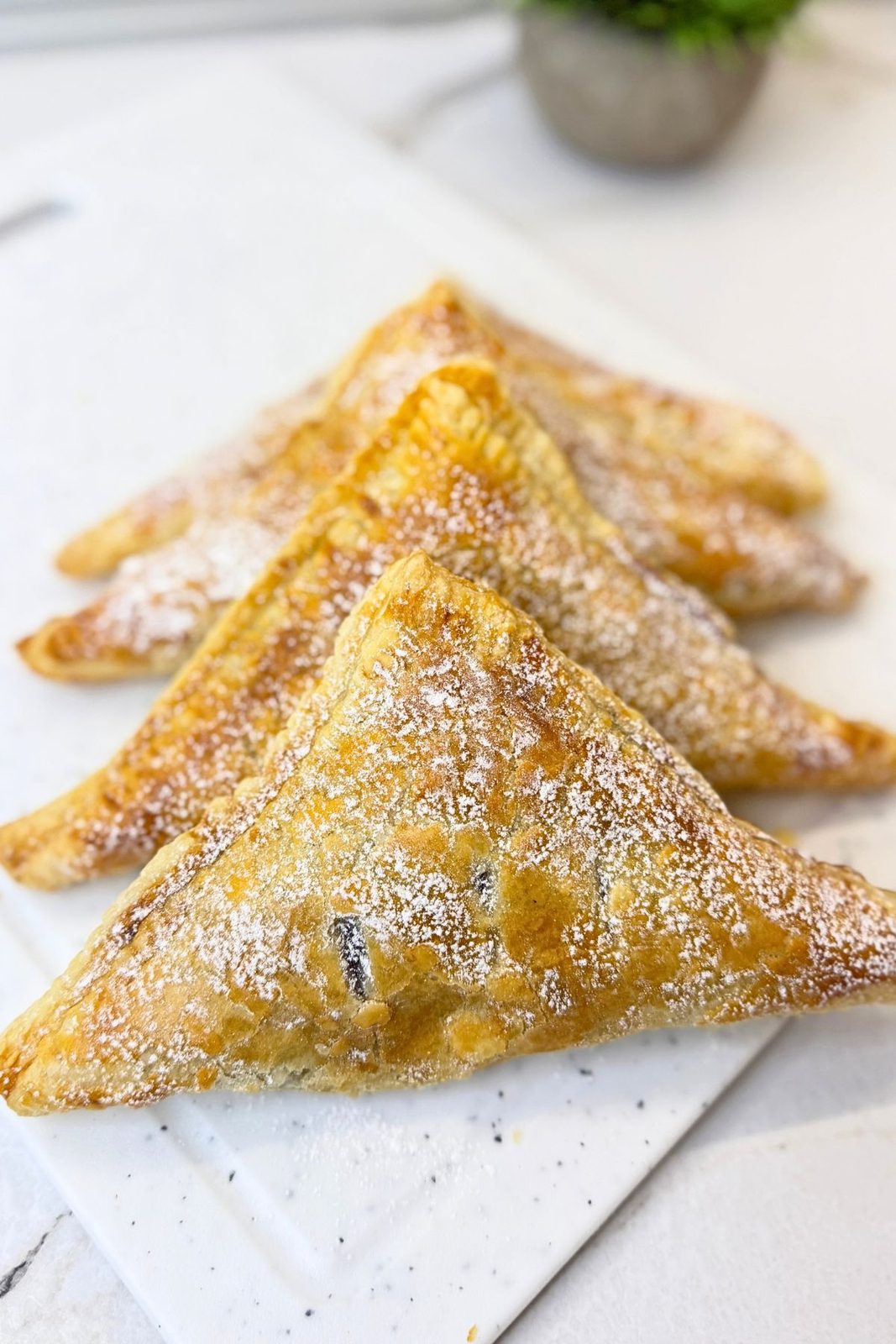 Golden blueberry turnovers dusted with powdered sugar, arranged in a row on a white serving board.