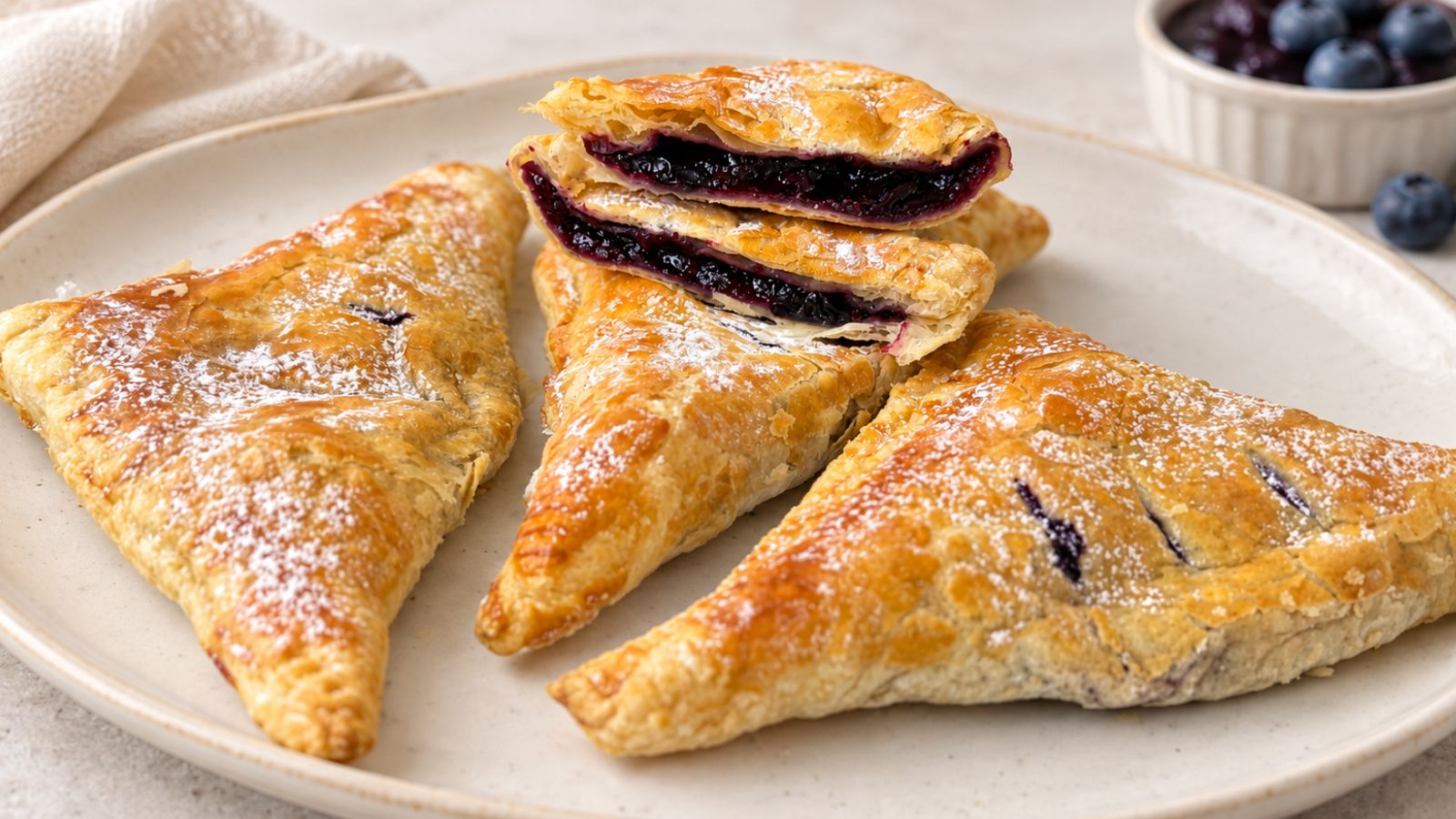 Golden blueberry turnovers dusted with powdered sugar, with cut halves showing the blueberry filling and flaky puff pastry layers.