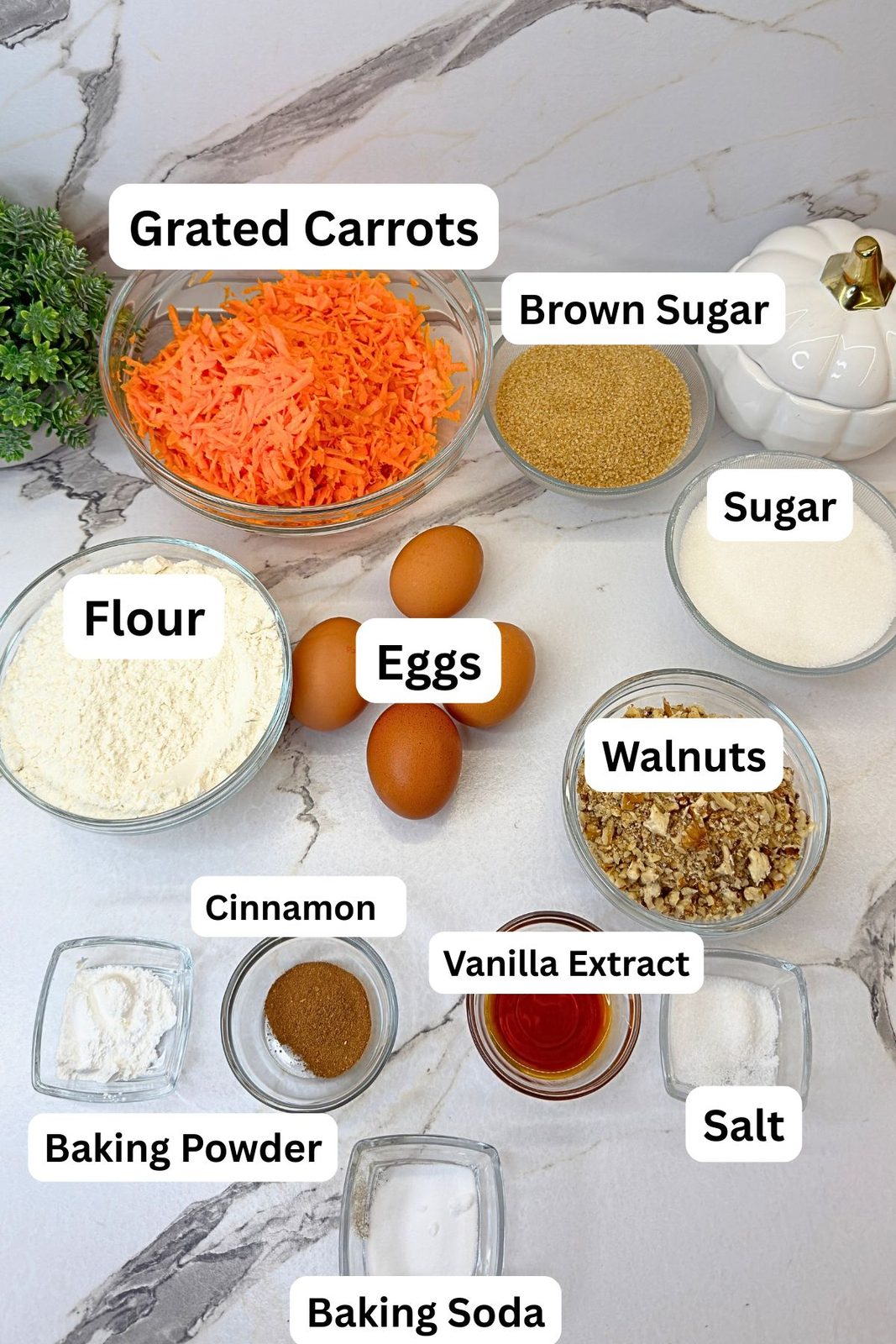 Carrot cake ingredients in labeled bowls, including grated carrots, flour, brown sugar, white sugar, eggs, walnuts, cinnamon, vanilla, baking powder, baking soda, and salt.