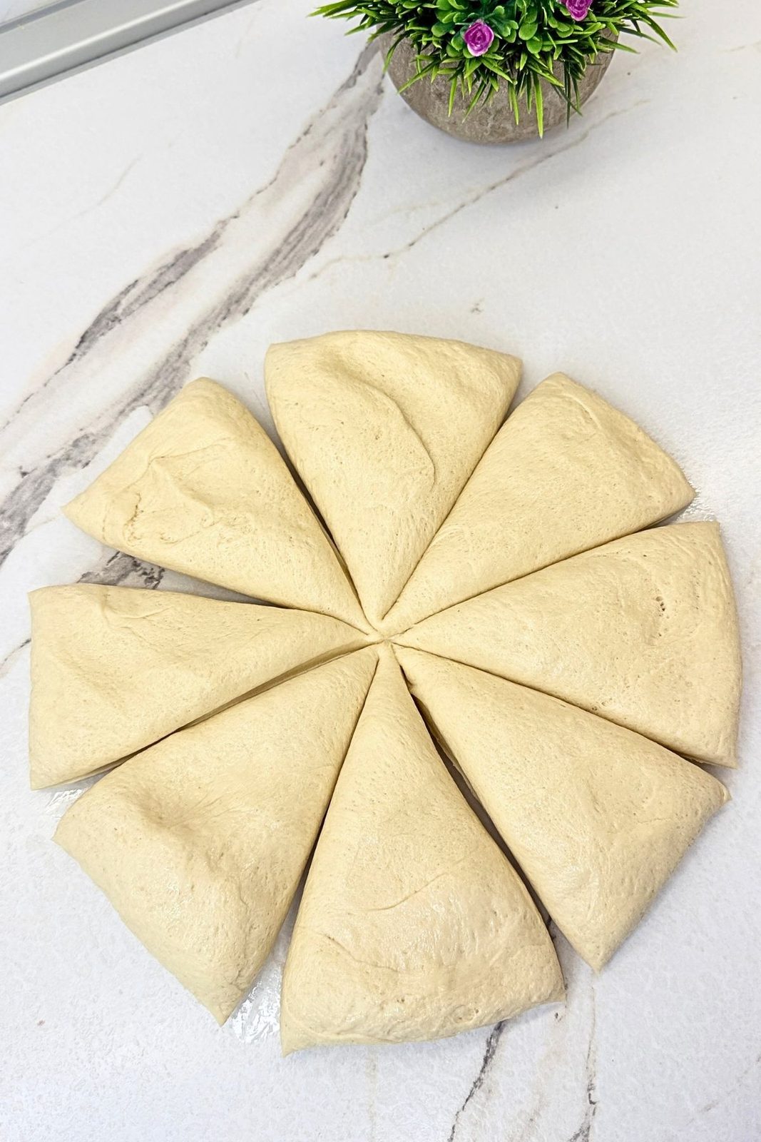 Bagel dough divided into eight equal portions on a marble work surface.