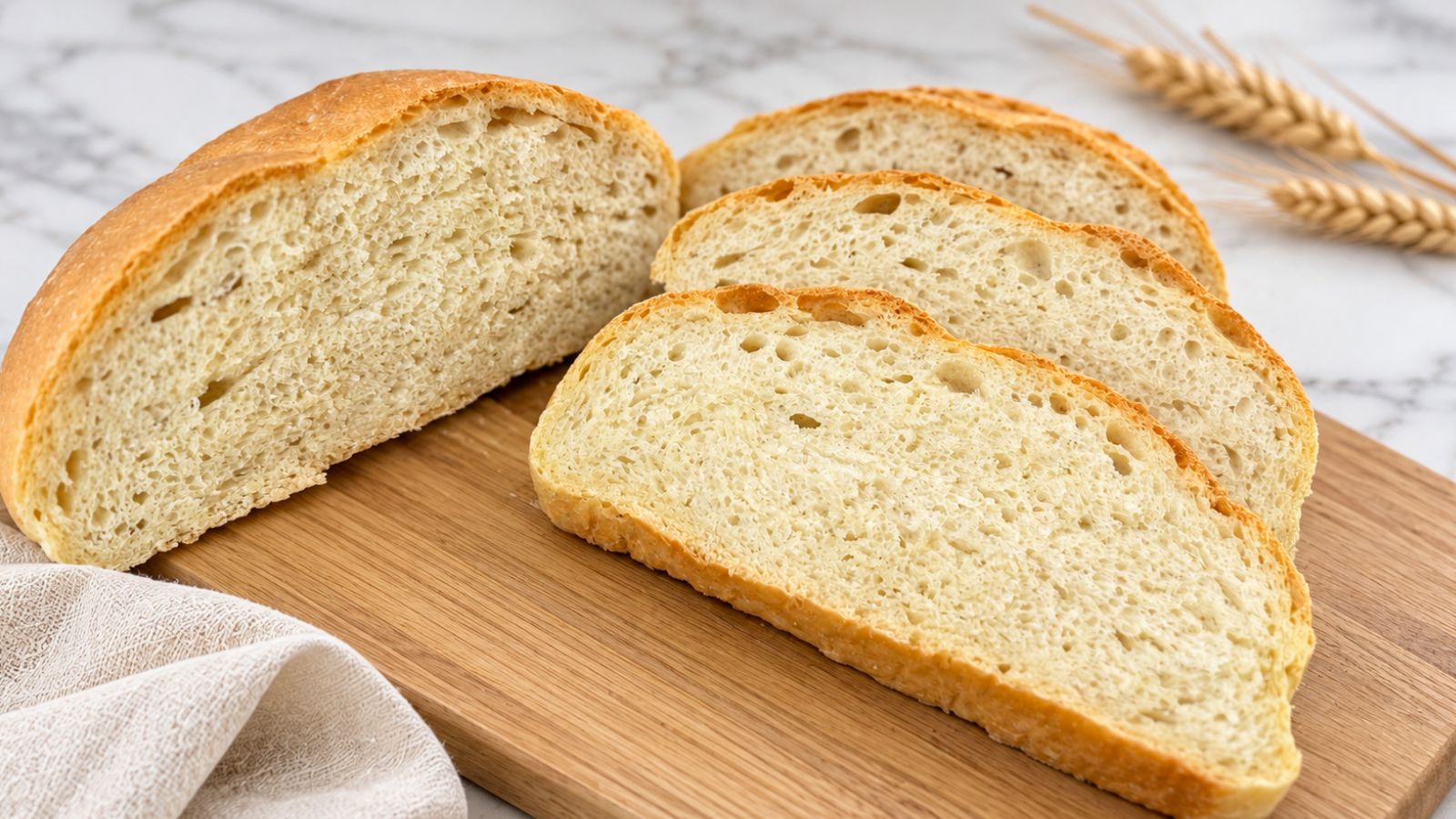 Homemade bread with a golden crust and soft, fluffy interior, sliced on a wooden cutting board.